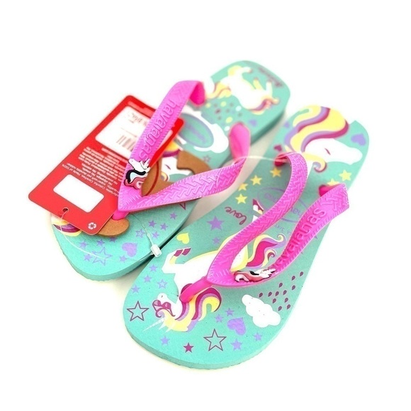 𝅺new Havaianas Ice Blue & Pink Unicorn Fantasy Flip Flop Big Kid 3-4 - Picture 2 of 3
